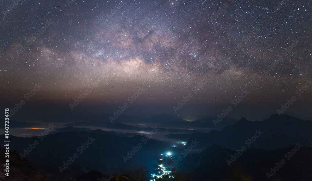Milky Way in the starry night over the landscape of Thailand.