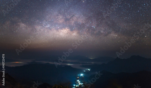 Milky Way in the starry night over the landscape of Thailand.