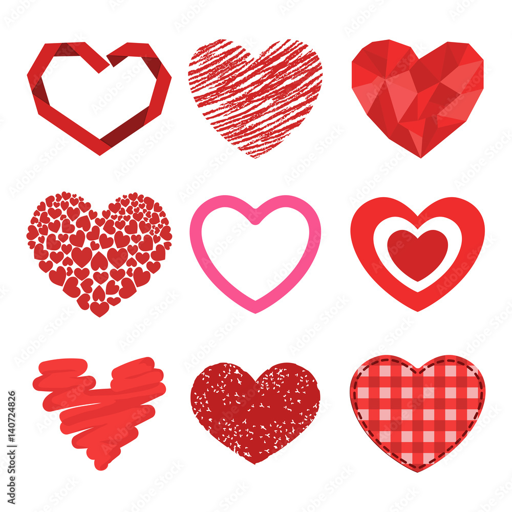 Differents style red heart vector icon isolated love valentine day symbol and romantic design wedding beautiful celebrate bright emotion passion sign illustration.