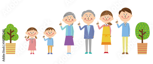 カジュアルでポップな3世代家族と観葉植物　正面で指差し