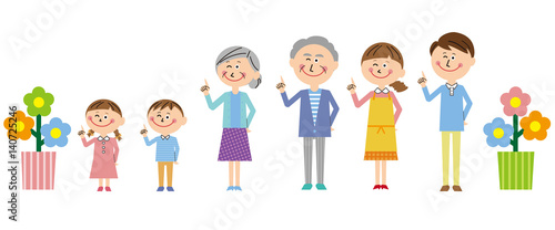 カジュアルでポップな3世代家族と観葉植物　斜め向きに指差し