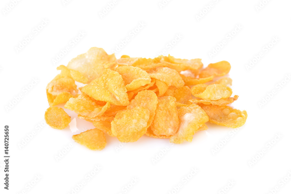 pile of crispy corn flakes on white background pile of crispy corn flakes on white background