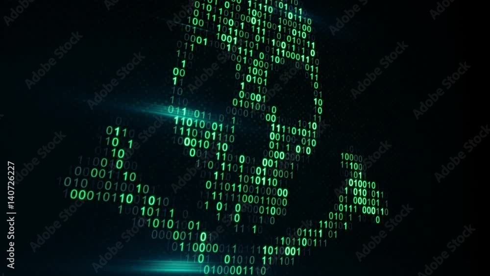 Skull shape of binary code on computer screen. Internet pirate and online security concept. Computer generated seamless loop animation 4k UHD (3840x2160)
Skull shape of binary code on computer screen. Internet pirate and online security concept. Computer generated seamless loop animation 4k UHD (3840x2160)