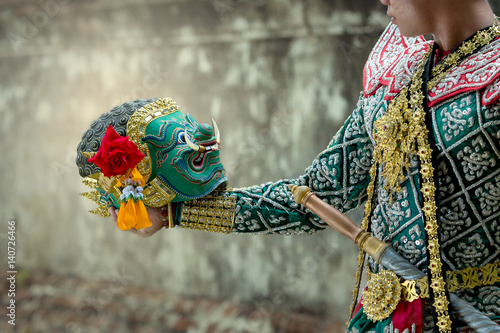 Kumbhakarna and Hanuman Art culture Thailand Dancing in masked khonin literature Ramayana of asia.