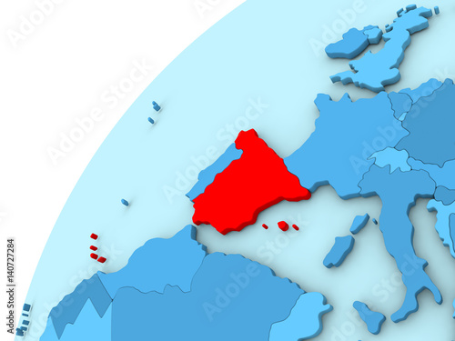 Spain in red on blue globe