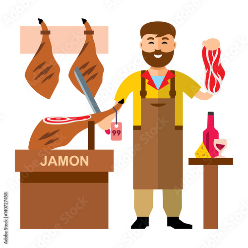 Vector Jamon Butcher Shop. Flat style colorful Cartoon illustration.