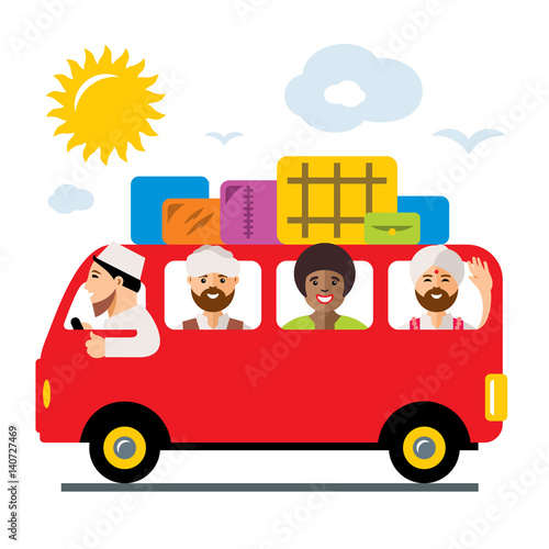 Vecctor Refugees bus. Illegal migration. Flat style colorful Cartoon illustration.