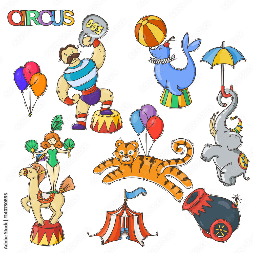 Circus cartoon icons collection with chapiteau tent and trained wild animals. Circus cartoon icons collection with chapiteau tent and trained wild animals.