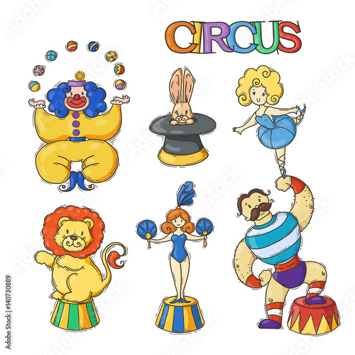 Circus cartoon icons collection with chapiteau tent and trained wild animals.