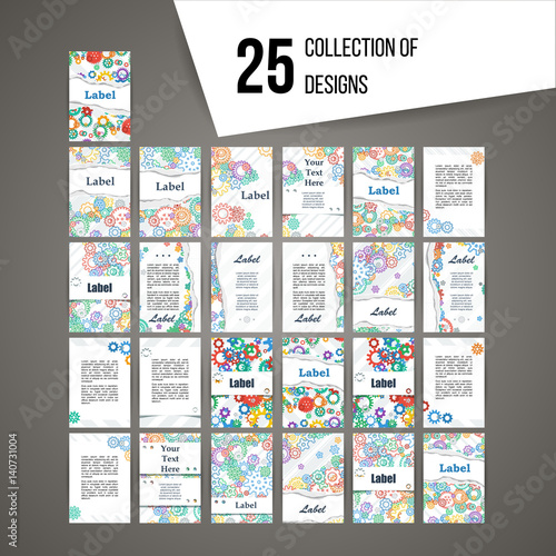 Big set of cards with gears and torn paper