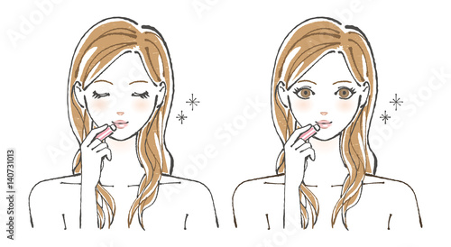 リップを塗る若い女性
リップを塗り唇を保湿する10代、20代の女性2パターン。