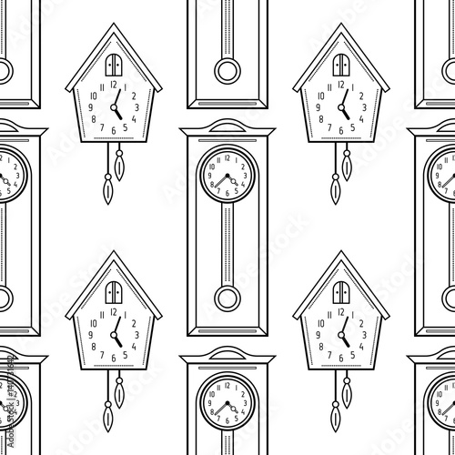 Cuckoo clock and grandfather clock, flat linear objects. Black and white seamless pattern for coloring book, page.