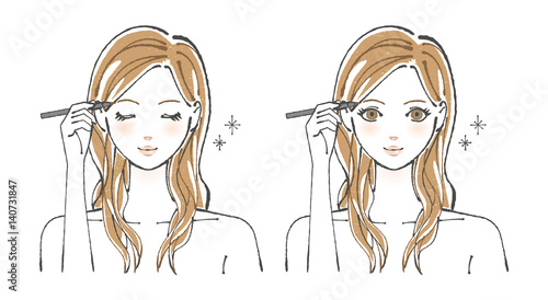 眉毛を書く若い女性/眉ペンで眉毛を書く10代、20代の女性2パターン。