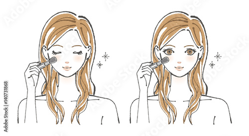 チーク塗る若い女性/チークを入れる10代から20代の女性2パターン。