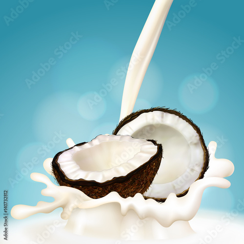 Realistic illustration of coconut and milk splash. Vector.