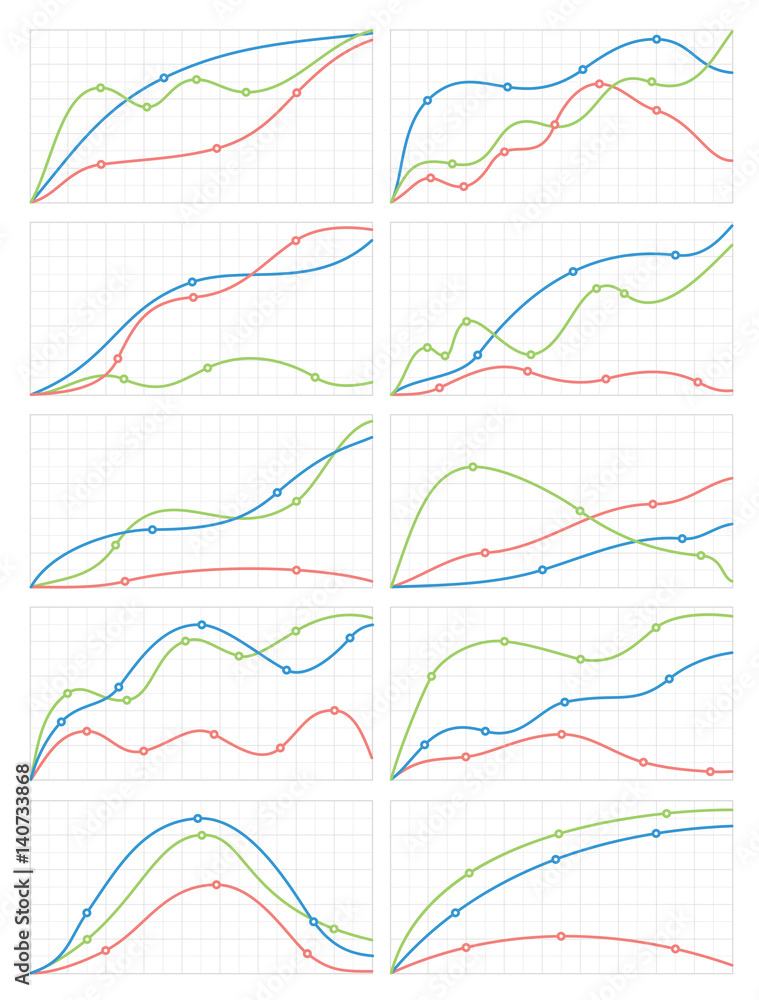 Set of stylish smooth line diagrams and graphs on the background of the grid