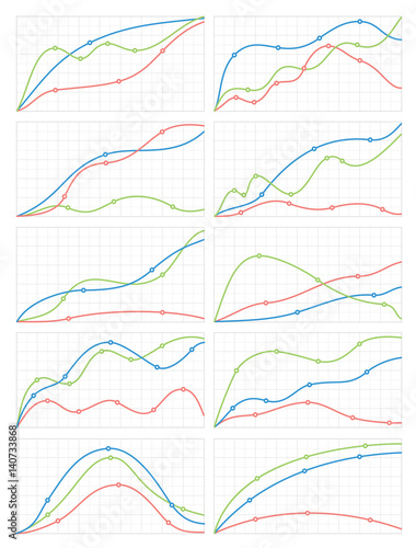 Set of stylish smooth line diagrams and graphs on the background of the grid