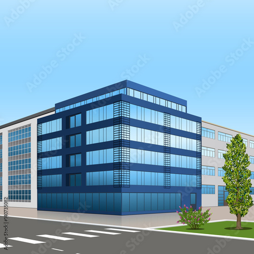 office building with the entrance and a reflection