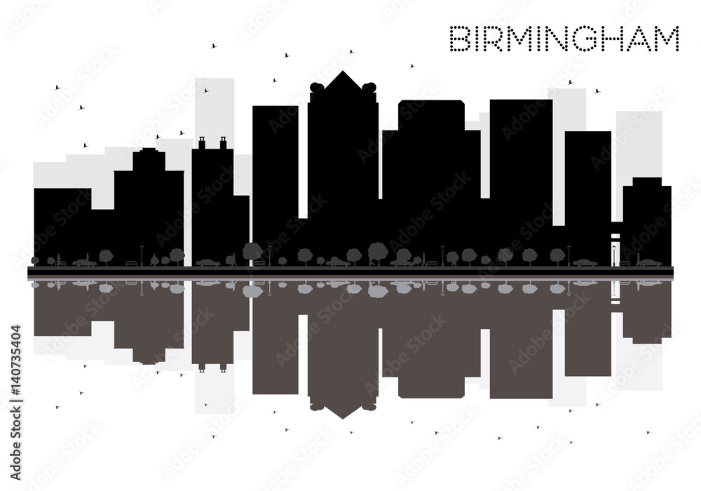 Birmingham City skyline black and white silhouette with reflections.