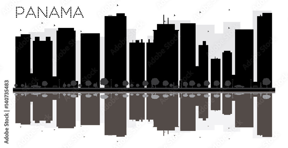 Panama City skyline black and white silhouette with reflections.