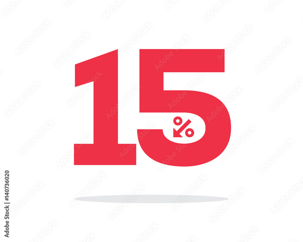 Fototapeta premium Vector red 15% text designed with an arrow percent icon on air with shadow isolated on white background. For sale campaigns.