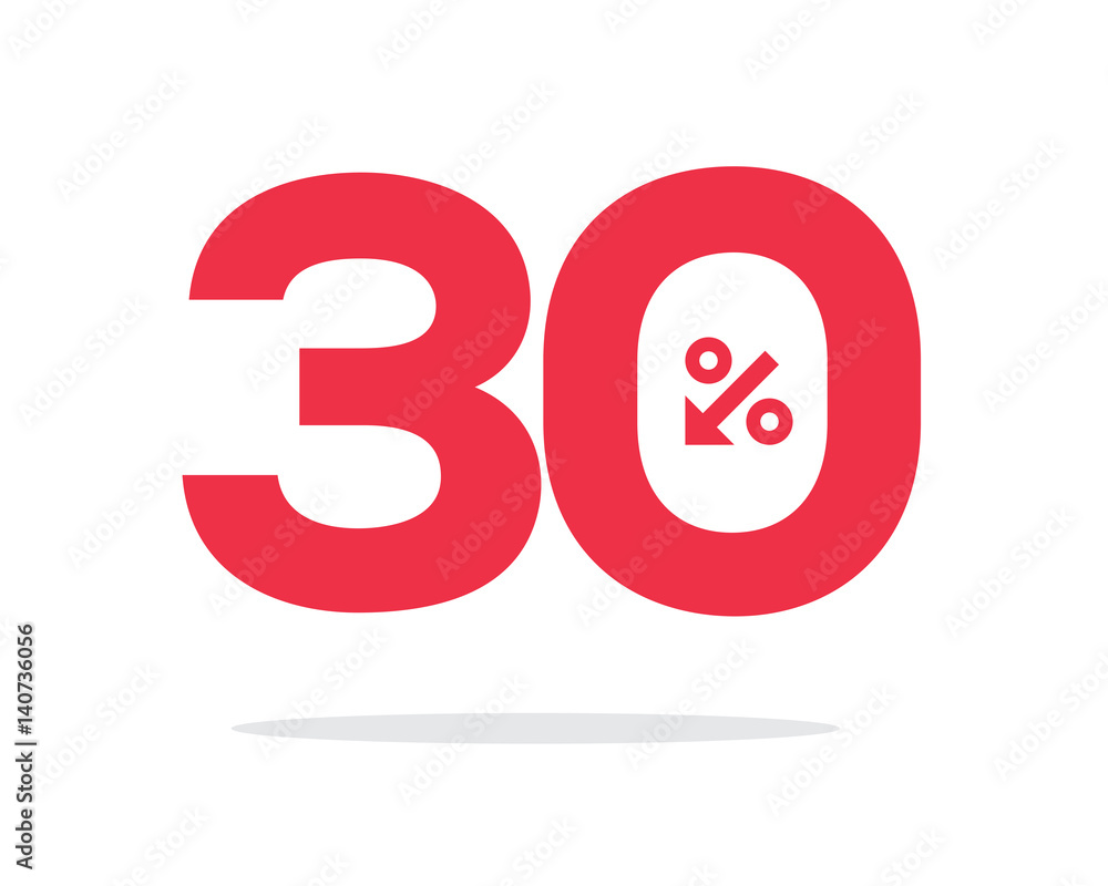 Vector red 30% text designed with an arrow percent icon on air with shadow isolated on white background. For sale campaigns. Vector red 30% text designed with an arrow percent icon on air with shadow isolated on white background. For sale campaigns.