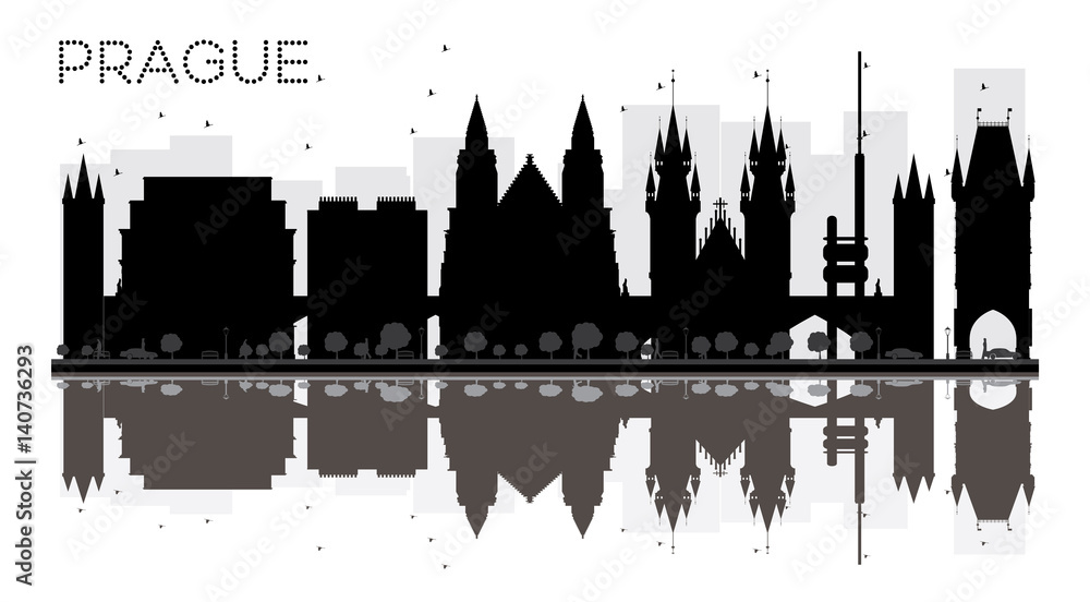 Naklejka premium Prague City skyline black and white silhouette with reflections.