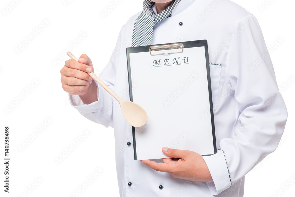 blank sheet of paper for inscriptions on the background of his jacket chef blank sheet of paper for inscriptions on the background of his jacket chef