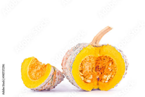 golden pumpkin squash and pumpkin slices on white background healthy  kabocha Vegetable food isolated
 photo