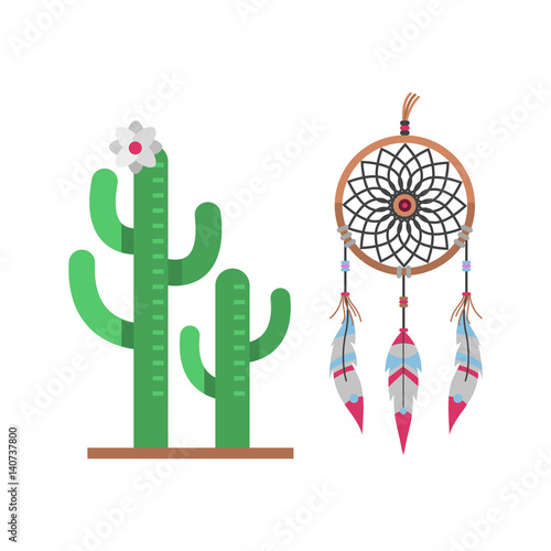 Cactus flat style nature desert flower green cartoon drawing graphic mexican succulent and tropical plant garden art cacti dreamcatcher vector illustration.