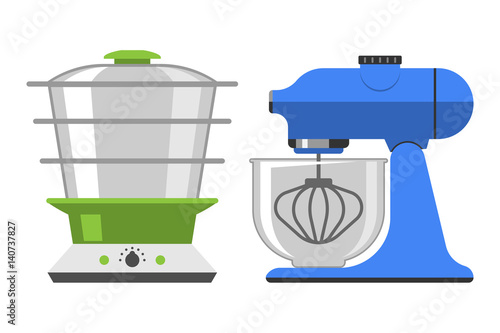Electrical hand mixer dishware isolated vector illustration kitchenware appliance and double boiler hot symbol electric tool cooking household technology.