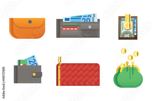 Flat money wallet icon check list making purchase cash business currency finance payment and purse savings bank commerce dollar economy vector illustration.