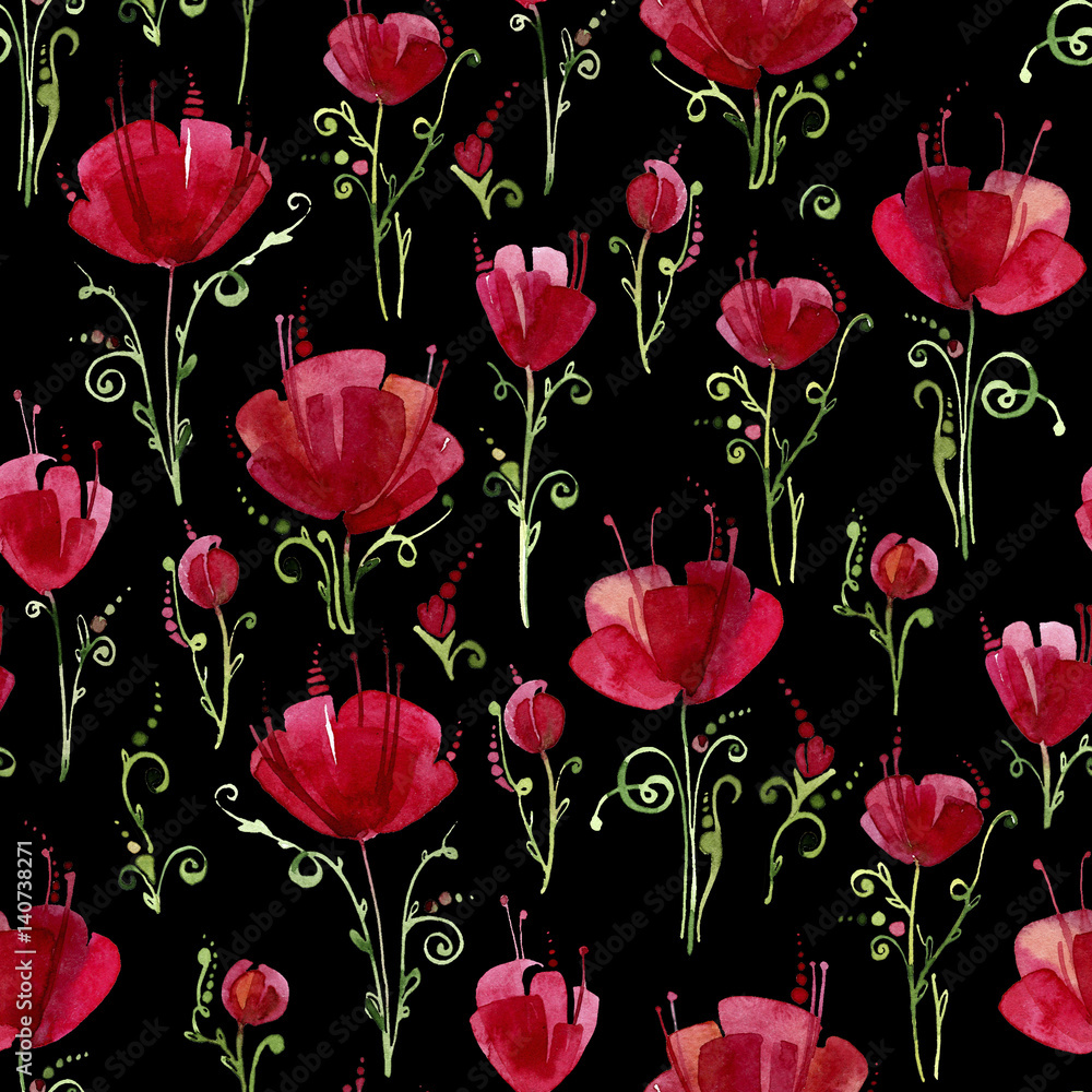 Decorative poppy flowers.Seamless watercolor pattern on black background. 