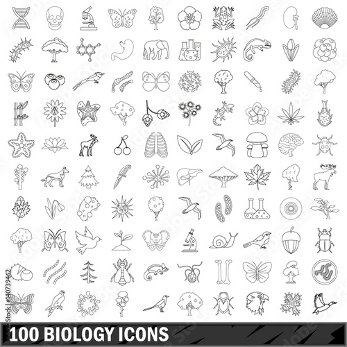 100 biology icons set  outline style