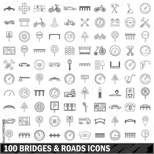 100 bridges and roads icons set, outline style