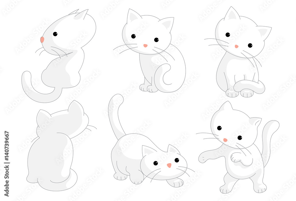 White cats in different moods and moves drawn as vector illustration.