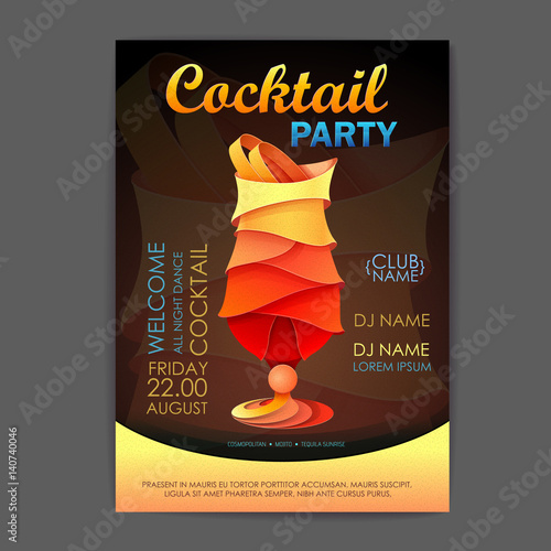 Disco cocktail party poster. 3D cocktail design.