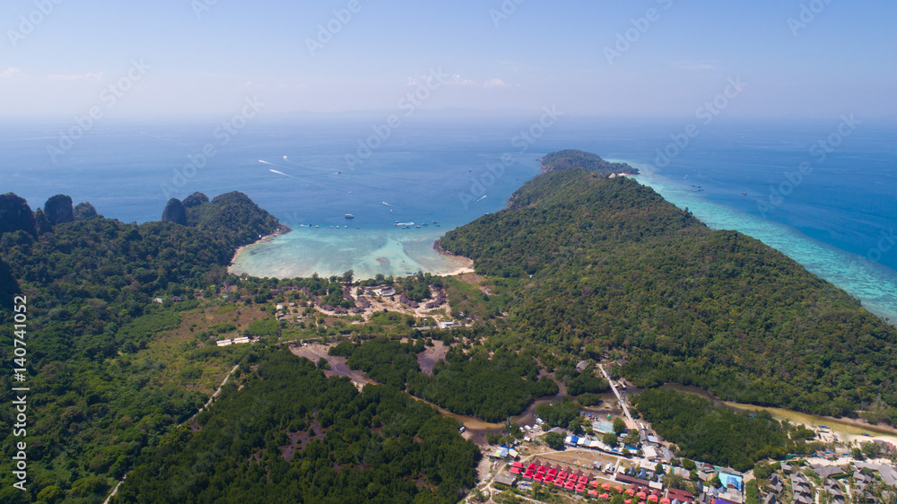 Aerial drone photo of iconic tropical beach and resorts of Phi Phi island, Thailand