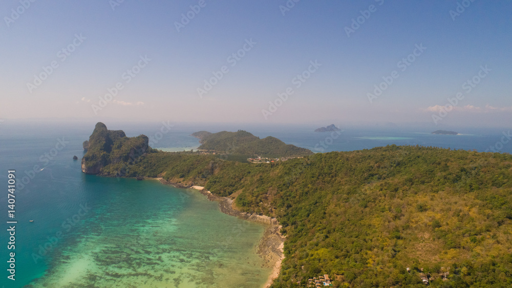 Aerial drone photo of nothern east part of iconic tropical Phi Phi island, Thailand