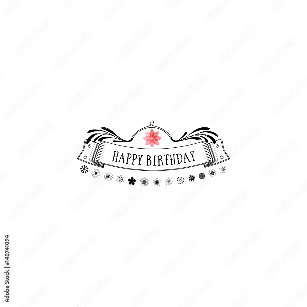 Badge as part of the design - Happy Birthday Sticker, stamp, logo - for design, hands made. With the use of floral elements, calligraphy and lettering