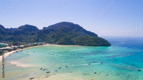 Aerial drone photo of iconic tropical beach and coastline of Phi Phi island, Thailand