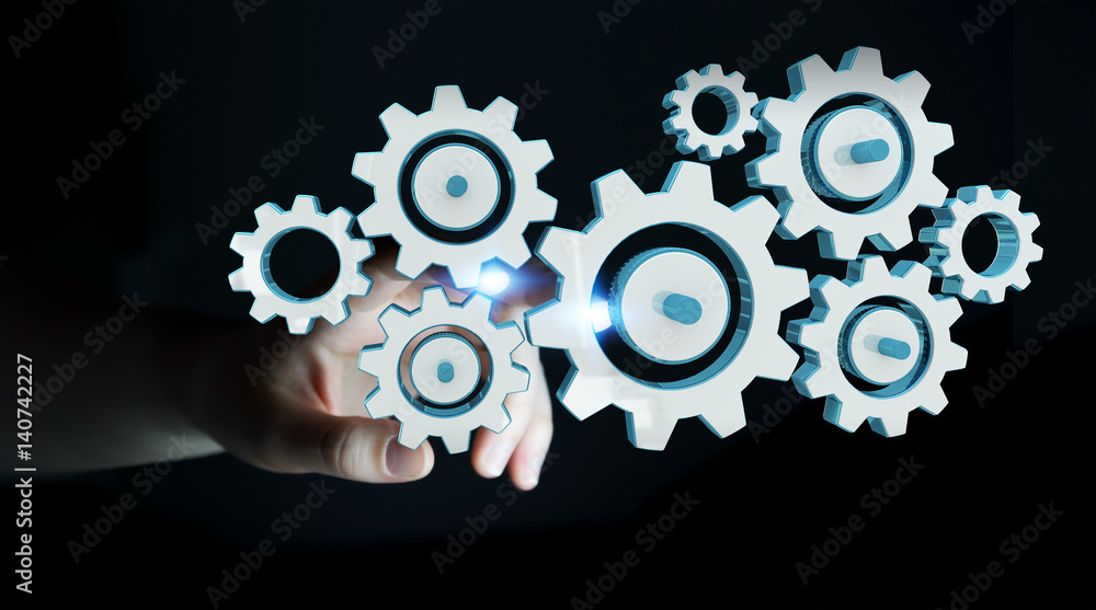 Businesswoman touching colorful gear icons with her finger 3D rendering Businesswoman touching colorful gear icons with her finger 3D rendering