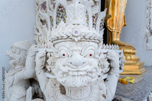 Ayutthaya, Thailand - March, 11, 2017 : Guardian statue of Buddhism in front of the church at Wat cheing len temple Thailand.