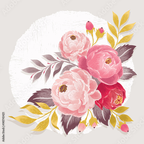  Vector illustration of a beautiful floral bouquet with frame in spring for Wedding, anniversary, birthday and party. Design for banner, poster, card, invitation and scrapbook 				 photo