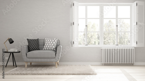 Minimalist living room, simple white living with big window, scandinavian classic interior design