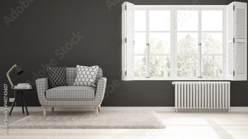 Minimalist living room, simple white and gray living with big window, scandinavian classic interior design
