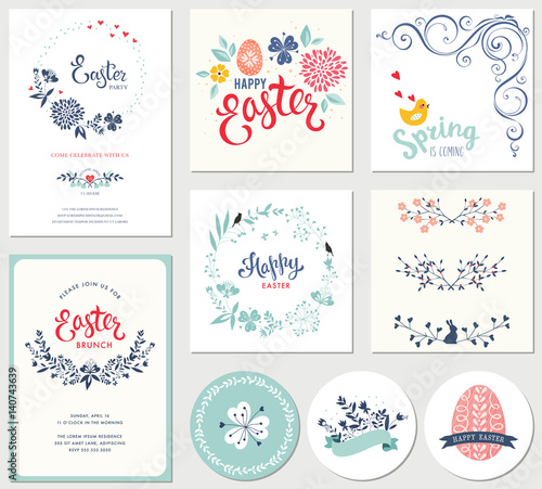 Easter templates with eggs, flowers, floral wreaths and branches, ornate corner swirl, rabbit, chick, banners and typographic design. 