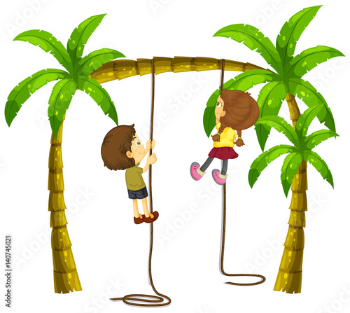 Kids climbing rope on the tree