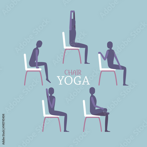 Vector illustration of man or woman sitting on a chair in yoga poses. Relaxing and stretching schematic image. Flat vector illustration in gentle palette.