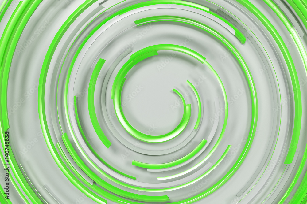 White concentric spiral with green glowing elements on white background White concentric spiral with green glowing elements on white background